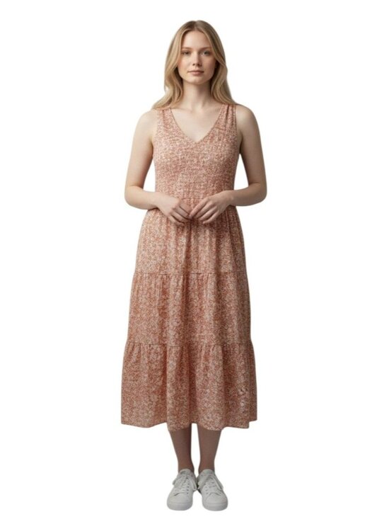 Wonderley Dresses & Skirts - Wonderley Womens Tiered Midi Dress Large Pink Floral Back-Tie Detail Sleeveless